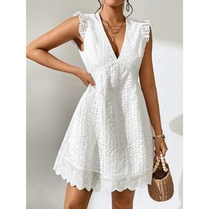 boho Eyelet Embroidered sundress Scallop Trim white Dress